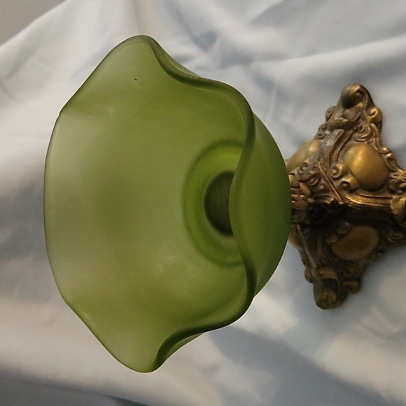 VTG Mid-century Olive Green Frosted Glass Brass Regency Castlecore Candy Dish - Picture 2 of 6